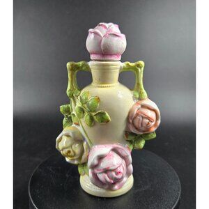Rare 1930s Schafer Vater Porcelain Floral Perfume Bottle w/roses and cork stoppe